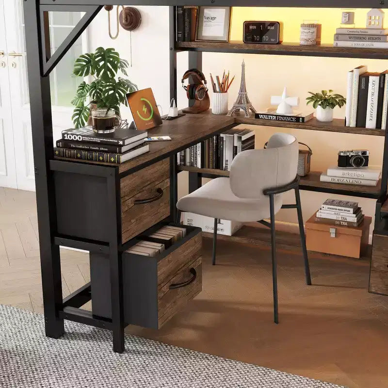 Lit mezzanine en métal pleine grandeur Whisen avec bureau, lumière, étagères de rangement, armoire et tiroirs, confortable et sûr