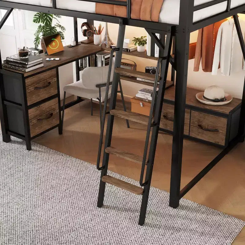 Lit mezzanine en métal pleine grandeur Whisen avec bureau, lumière, étagères de rangement, armoire et tiroirs, confortable et sûr
