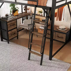 Lit mezzanine en métal pleine grandeur Whisen avec bureau, lumière, étagères de rangement, armoire et tiroirs, confortable et sûr