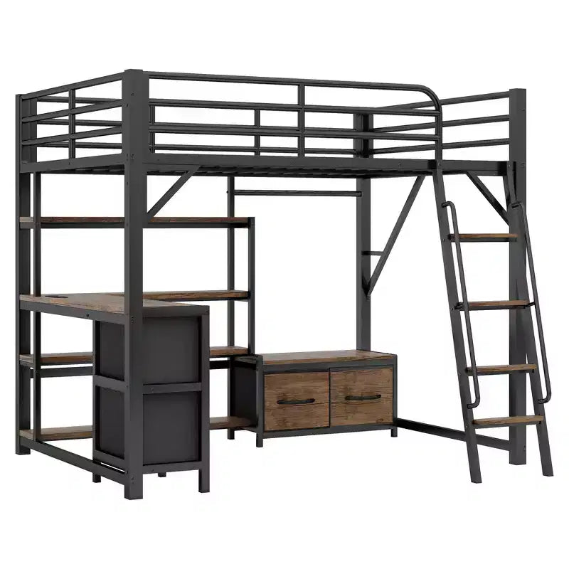 Lit mezzanine en métal pleine grandeur Whisen avec bureau, lumière, étagères de rangement, armoire et tiroirs, confortable et sûr