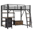 Lit mezzanine en métal pleine grandeur Whisen avec bureau, lumière, étagères de rangement, armoire et tiroirs, confortable et sûr