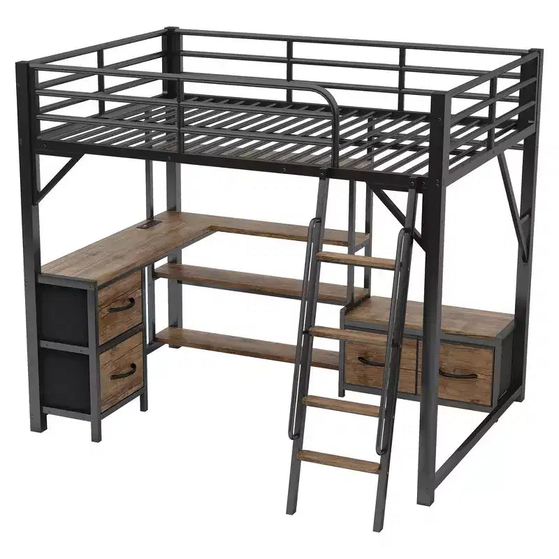 Lit mezzanine en métal pleine grandeur Whisen avec bureau, lumière, étagères de rangement, armoire et tiroirs, confortable et sûr
