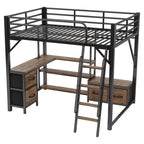 Lit mezzanine en métal pleine grandeur Whisen avec bureau, lumière, étagères de rangement, armoire et tiroirs, confortable et sûr