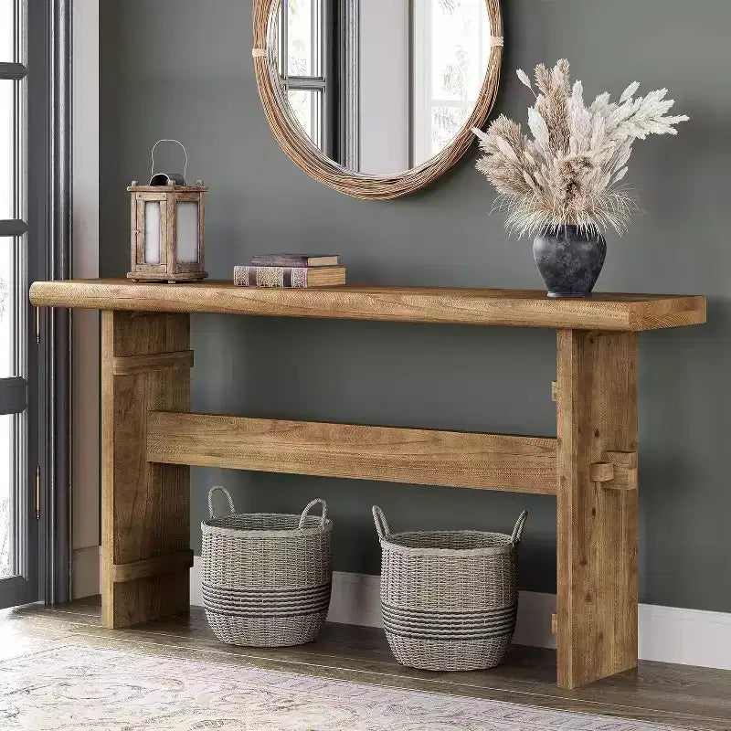 Lantine Solid Wood Console Table for Entryway, 63-Inch Long Farmhouse Sofa Table Behind Couch, for Foyer, Hallway, Living Room,Brown