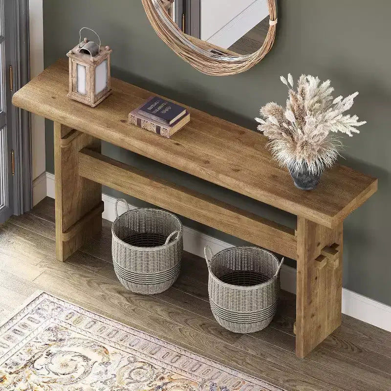 Console en bois massif Lantine pour entrée, table de canapé de ferme de 160 cm de long derrière un canapé, pour hall d'entrée, couloir, salon, marron