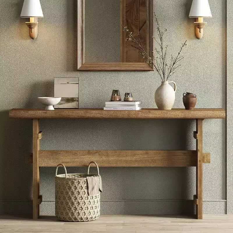 Console en bois massif Lantine pour entrée, table de canapé de ferme de 160 cm de long derrière un canapé, pour hall d'entrée, couloir, salon, marron