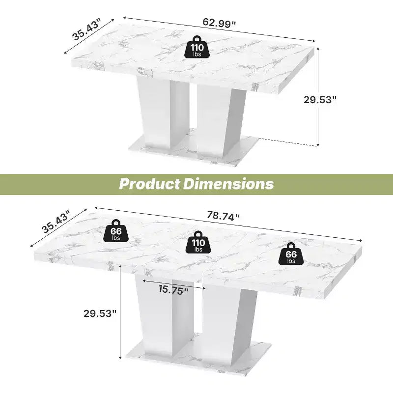 Zevemomo 63-78.7 Table de ferme extensible, table en bois 6-10 places avec rail métallique et double pied, blanche pour salle à manger et bureau