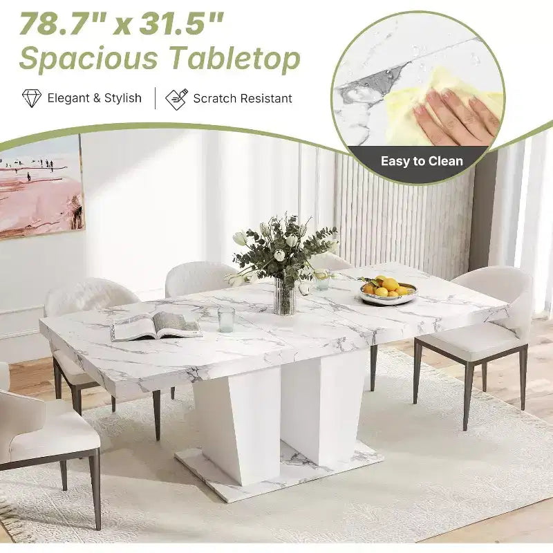 Zevemomo 63-78.7 Table de ferme extensible, table en bois 6-10 places avec rail métallique et double pied, blanche pour salle à manger et bureau