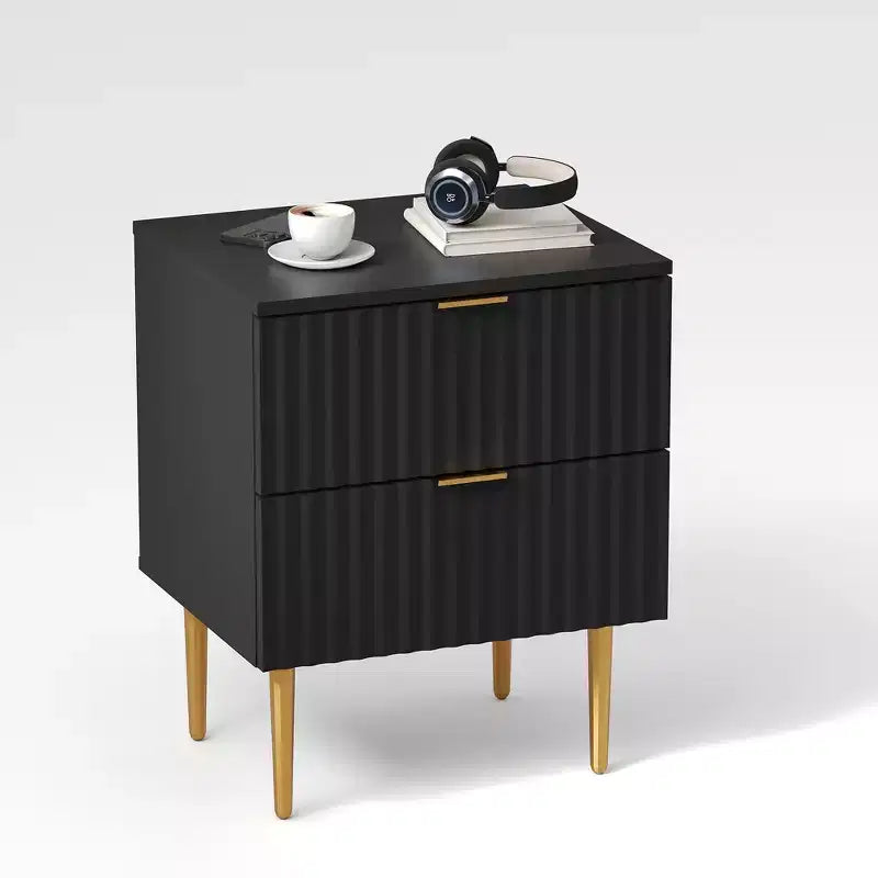 Table de chevet moderne cannelée avec 2 tiroirs, Table d'appoint en bois avec pieds en métal, Table de chevet pour petit espace, Table d'appoint de canapé pour chambre à coucher