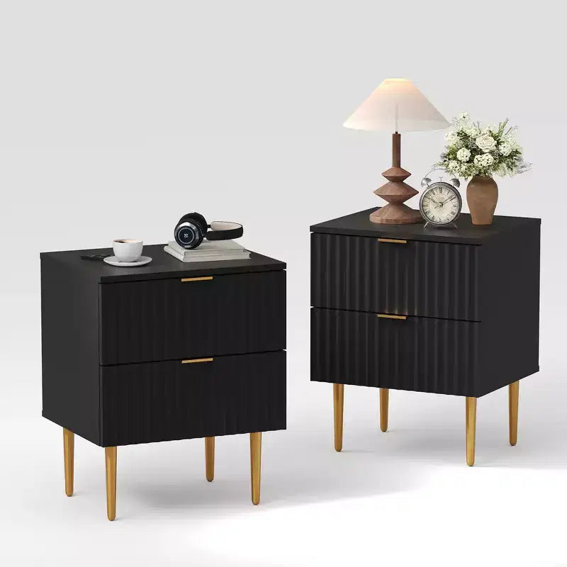Table de chevet moderne cannelée avec 2 tiroirs, Table d'appoint en bois avec pieds en métal, Table de chevet pour petit espace, Table d'appoint de canapé pour chambre à coucher