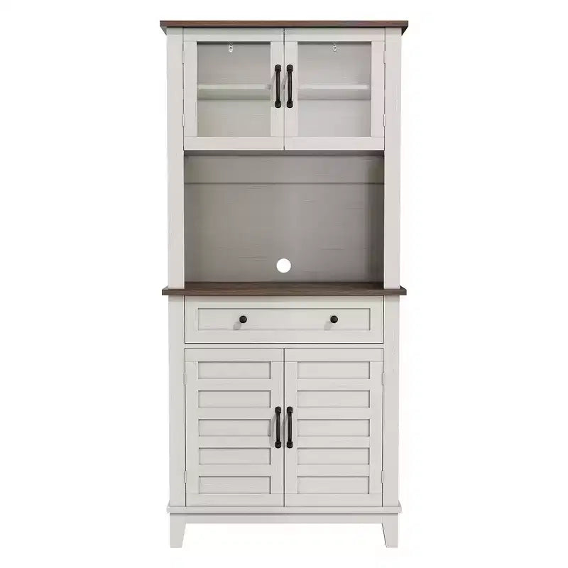 Kitchen Pantry Cabinet with Glass Doors & Drawers, Adjustable Shelves for Coffee Bar, Dining Room, Rustic Style