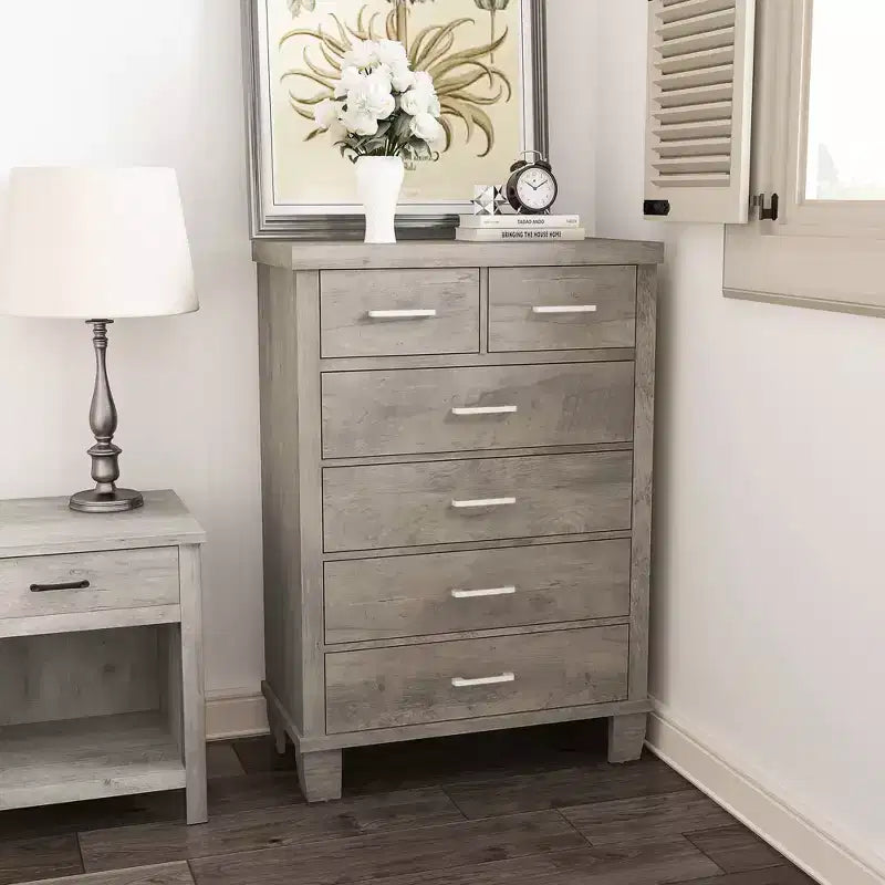 Commode de chambre à 6 tiroirs, 45 po, commodes hautes grises avec rangement, commode en bois pour chambre à coucher, salon, entrée