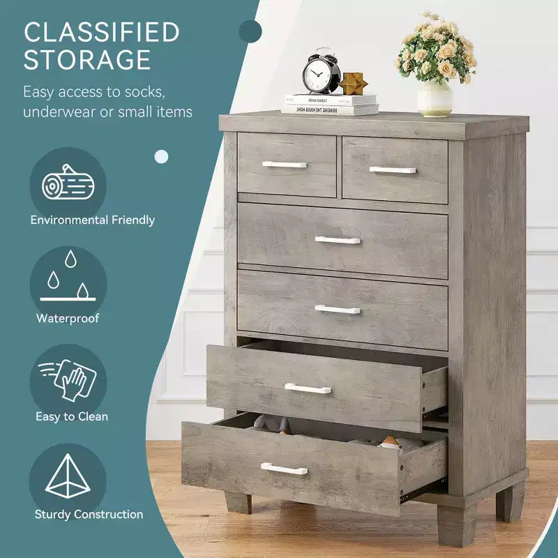 Commode de chambre à 6 tiroirs, 45 po, commodes hautes grises avec rangement, commode en bois pour chambre à coucher, salon, entrée