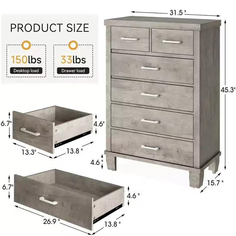 Commode de chambre à 6 tiroirs, 45 po, commodes hautes grises avec rangement, commode en bois pour chambre à coucher, salon, entrée