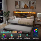 Lit de repos jumeau Zevemomo avec tiroir gigogne, avec tête de lit porte de grange coulissante Lumières LED Lit de repos en métal robuste pour salon, chambre à coucher, chambre d'amis, marron