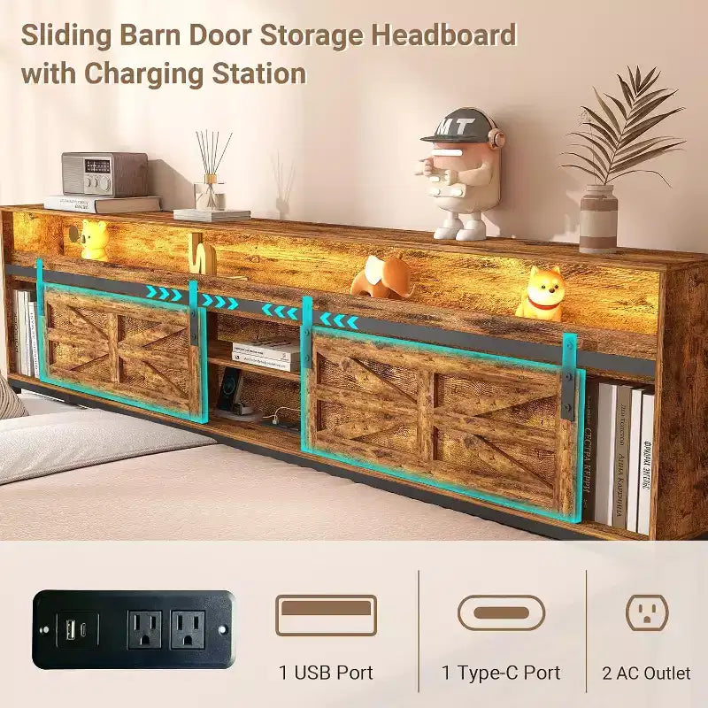Lit de repos jumeau Zevemomo avec tiroir gigogne, avec tête de lit porte de grange coulissante Lumières LED Lit de repos en métal robuste pour salon, chambre à coucher, chambre d'amis, marron
