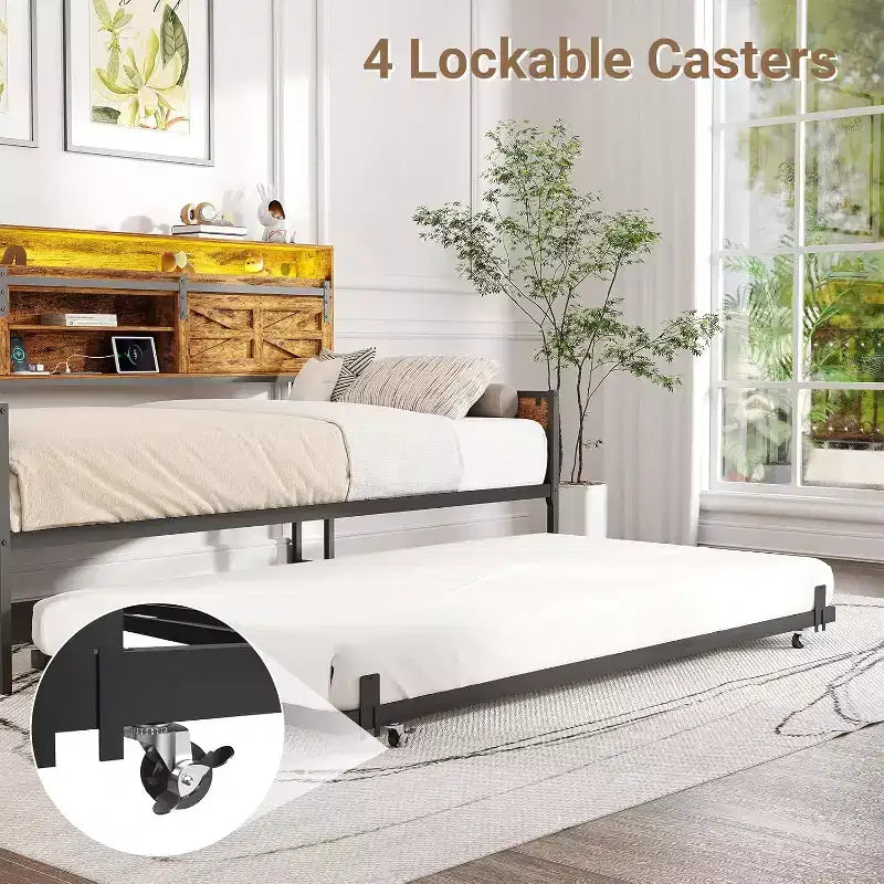Lit de repos jumeau Zevemomo avec tiroir gigogne, avec tête de lit porte de grange coulissante Lumières LED Lit de repos en métal robuste pour salon, chambre à coucher, chambre d'amis, marron