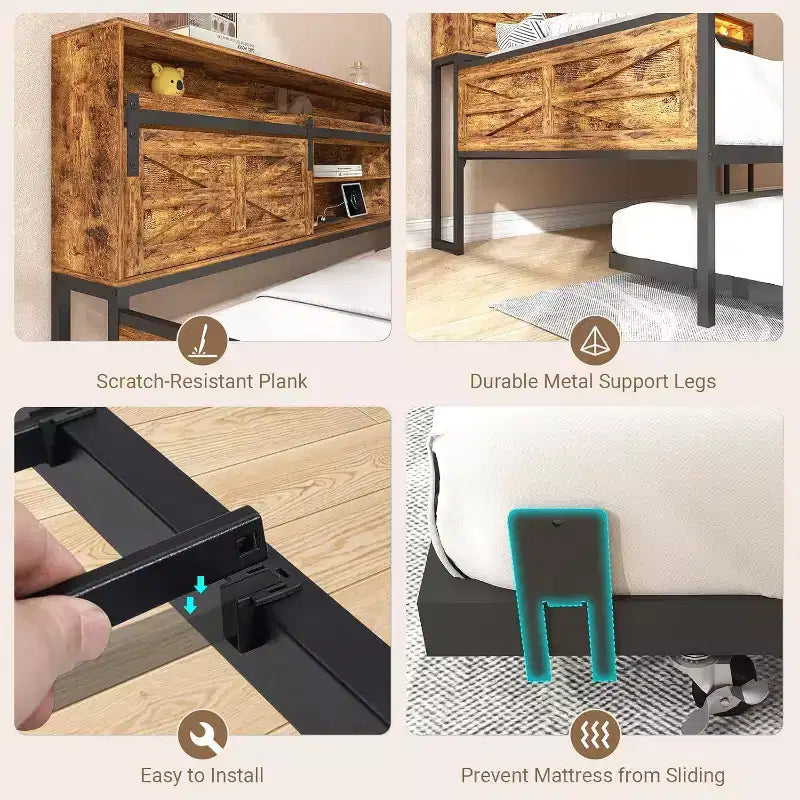 Lit de repos jumeau Zevemomo avec tiroir gigogne, avec tête de lit porte de grange coulissante Lumières LED Lit de repos en métal robuste pour salon, chambre à coucher, chambre d'amis, marron