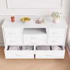 Meuble TV pour chambre à coucher, table console TV avec 8 tiroirs et étagères ouvertes pour salon, couloir
