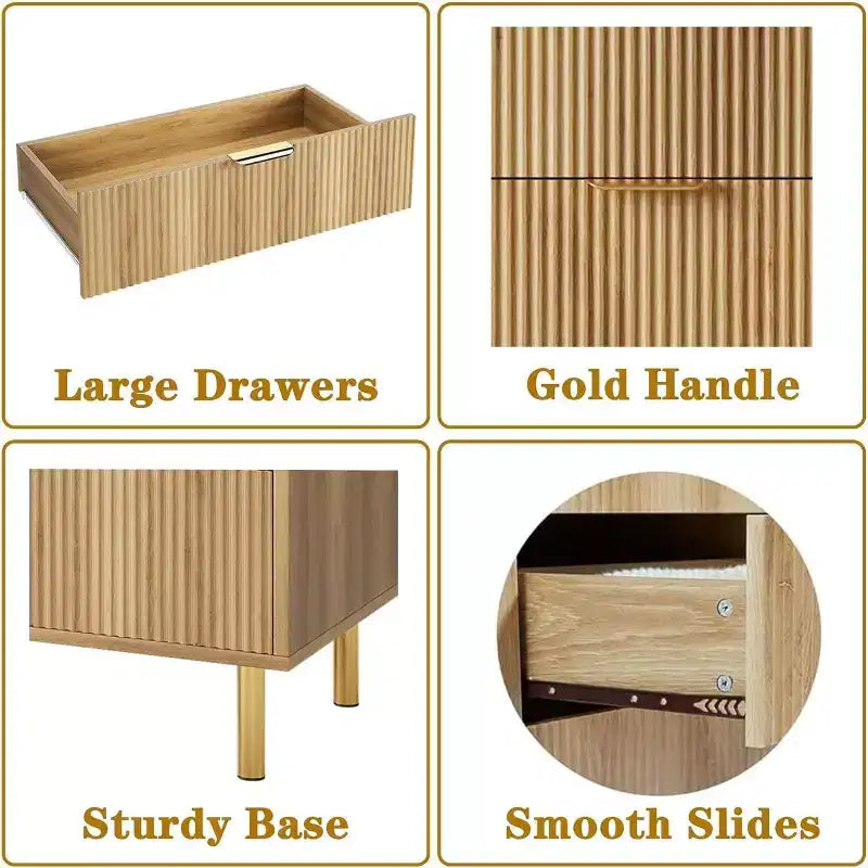 Commode de chambre à 3 tiroirs en chêne naturel, commode moderne de 76 cm de haut avec poignées en métal doré et dispositif anti-basculement, organisateur de commode en bois