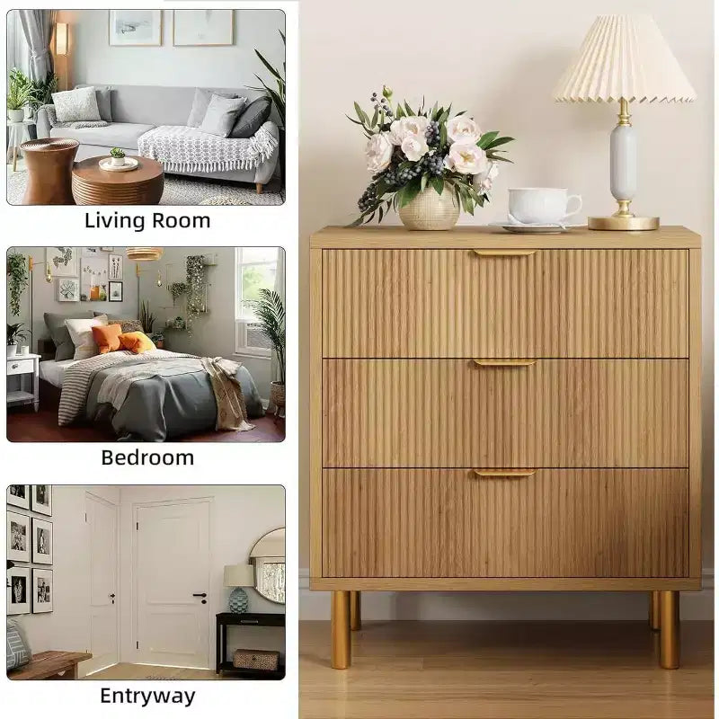 Commode de chambre à 3 tiroirs en chêne naturel, commode moderne de 76 cm de haut avec poignées en métal doré et dispositif anti-basculement, organisateur de commode en bois