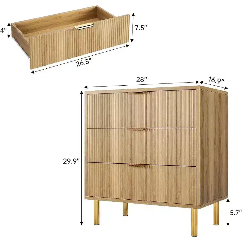 Commode de chambre à 3 tiroirs en chêne naturel, commode moderne de 76 cm de haut avec poignées en métal doré et dispositif anti-basculement, organisateur de commode en bois