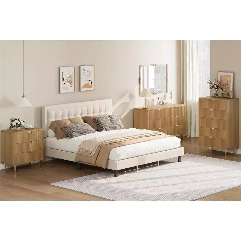 Commode de chambre à 3 tiroirs en chêne naturel, commode moderne de 76 cm de haut avec poignées en métal doré et dispositif anti-basculement, organisateur de commode en bois