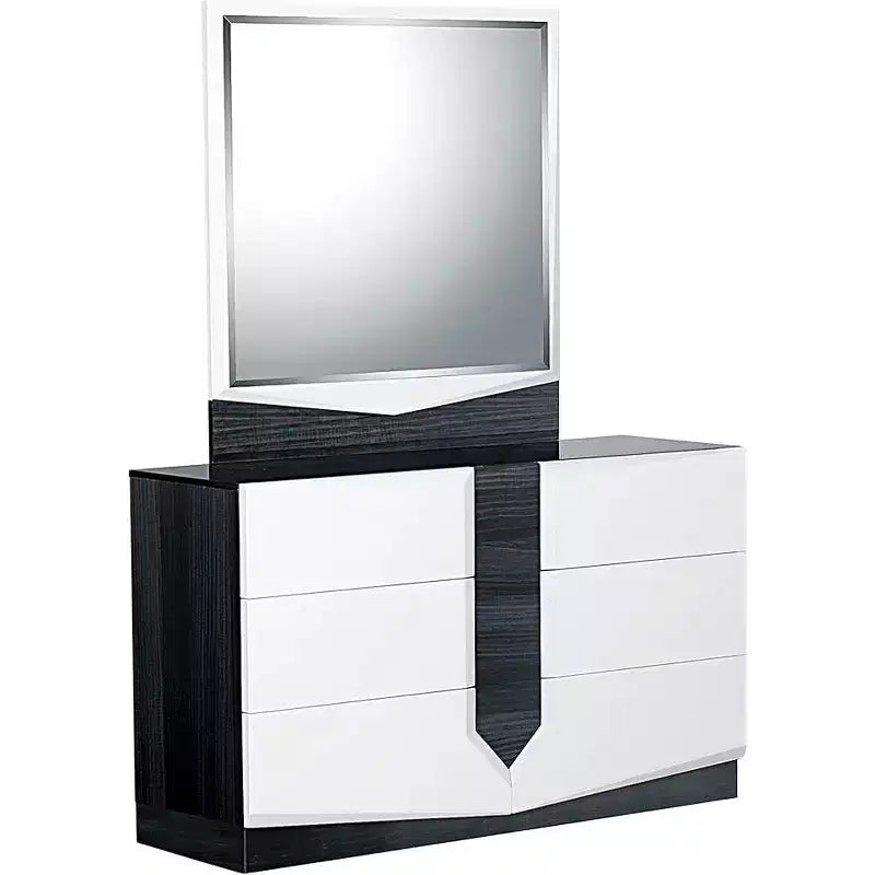 Miroir moderne Hudson de HomeStock avec finition laquée brillante et bordure Zebrano gris foncé - Accent élégant pour chambre à coucher