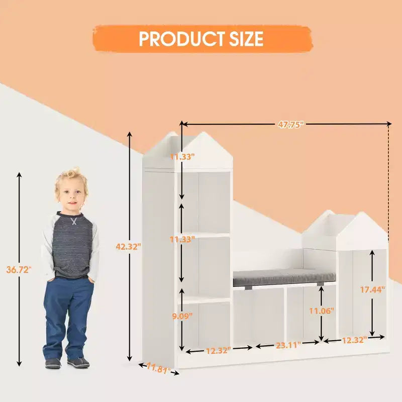 Étagère à livres pour enfants à 6 compartiments, meuble de rangement pour jouets avec coussin d'assise, étagère de rangement pour jouets grande taille, sur pied, pour chambre d'enfant, salon, bureau, blanc