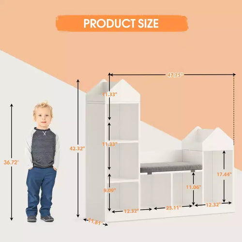 Étagère à livres pour enfants à 6 compartiments, meuble de rangement pour jouets avec coussin d'assise, étagère de rangement pour jouets grande taille, sur pied, pour chambre d'enfant, salon, bureau, blanc