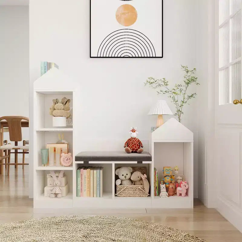 Étagère à livres pour enfants à 6 compartiments, meuble de rangement pour jouets avec coussin d'assise, étagère de rangement pour jouets grande taille, sur pied, pour chambre d'enfant, salon, bureau, blanc