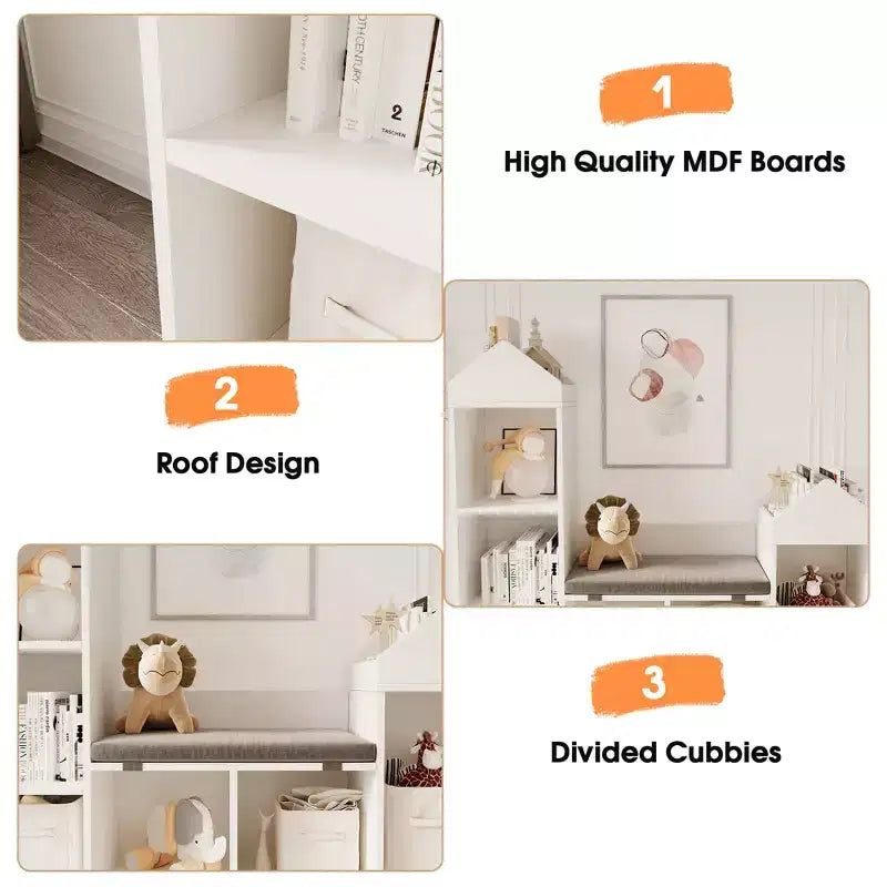 Étagère à livres pour enfants à 6 compartiments, meuble de rangement pour jouets avec coussin d'assise, étagère de rangement pour jouets grande taille, sur pied, pour chambre d'enfant, salon, bureau, blanc
