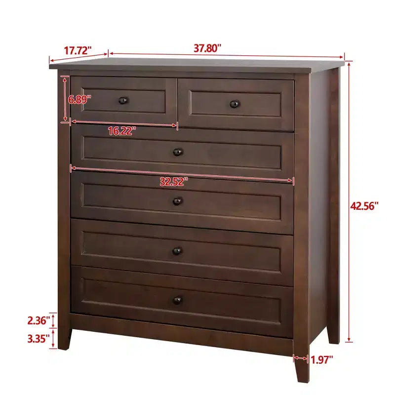 Commode de chambre CuisinSmart à 6 tiroirs, commode marron rustique avec 4 pieds en bois robustes, commode marron foncé pour salon, couloir, entrée
