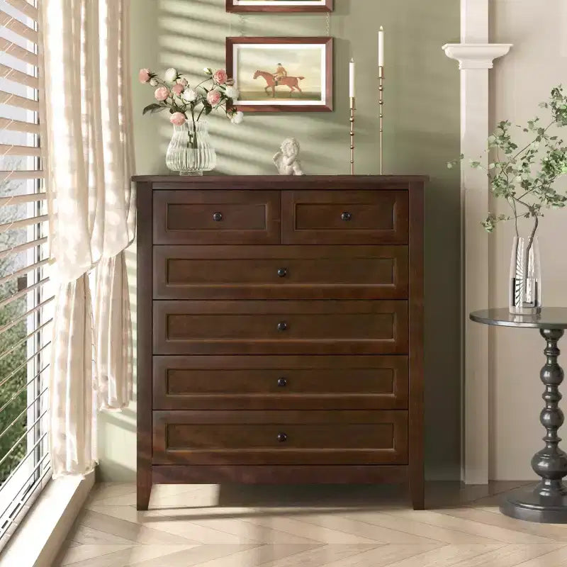 Commode de chambre CuisinSmart à 6 tiroirs, commode marron rustique avec 4 pieds en bois robustes, commode marron foncé pour salon, couloir, entrée