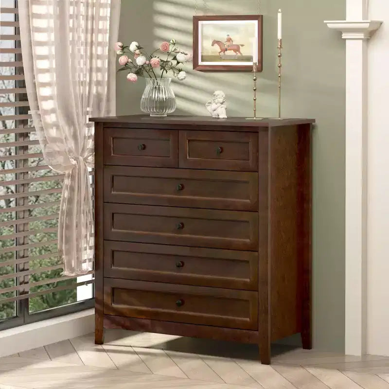 Commode de chambre CuisinSmart à 6 tiroirs, commode marron rustique avec 4 pieds en bois robustes, commode marron foncé pour salon, couloir, entrée