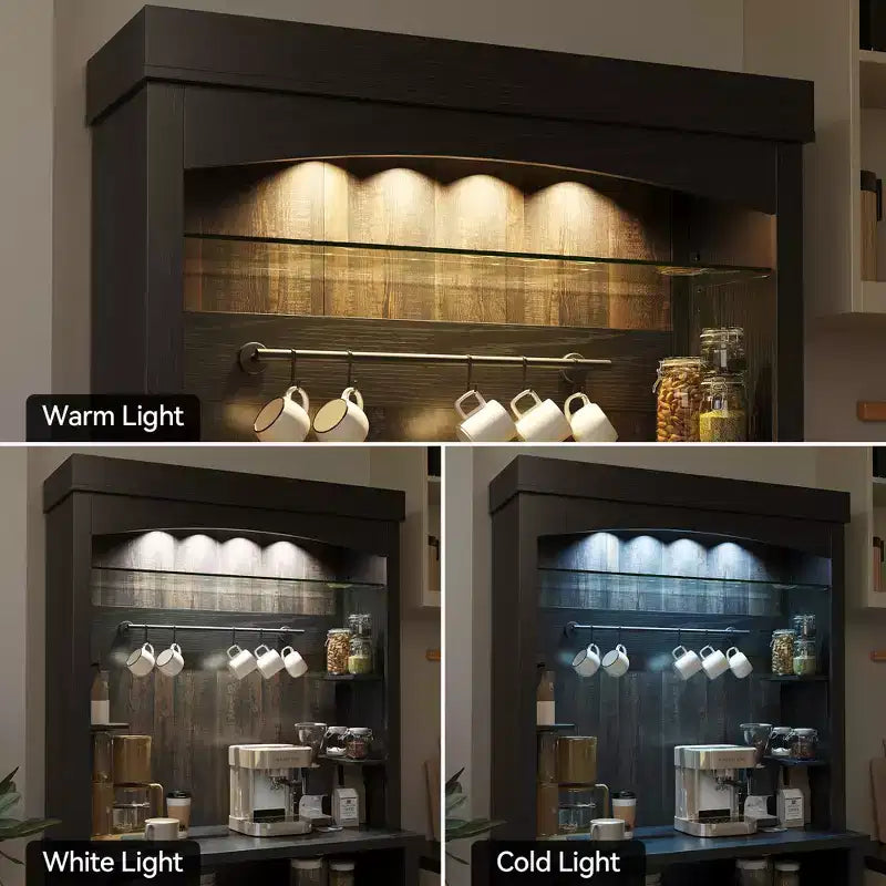 Meuble de bar à café haut COZONY 72 avec lumières LED, meuble de buffet de ferme avec rangement, casier à vin et support pour micro-ondes pour cuisine et salle à manger