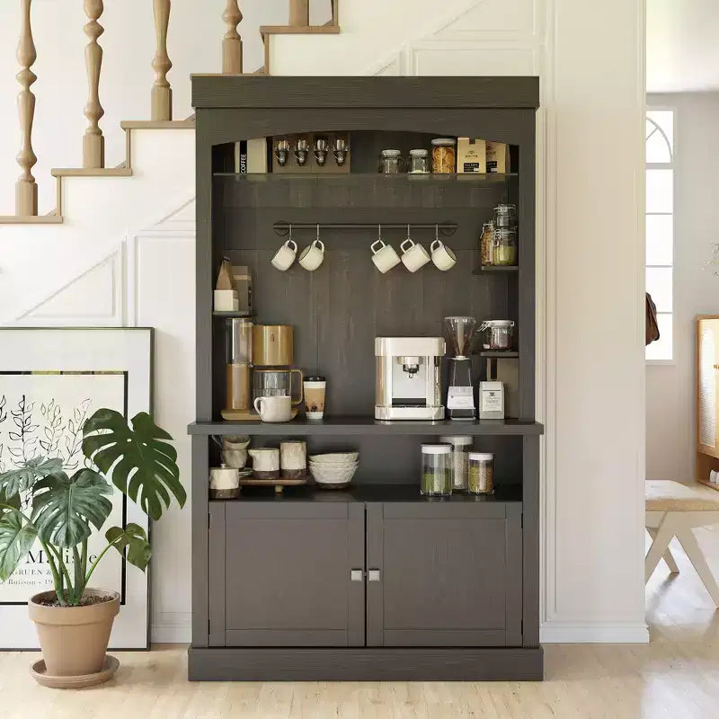Meuble de bar à café haut COZONY 72 avec lumières LED, meuble de buffet de ferme avec rangement, casier à vin et support pour micro-ondes pour cuisine et salle à manger