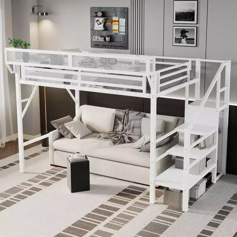 Lit mezzanine blanc double XL avec escalier, lit mezzanine double en métal avec étagères de rangement et armoire pour enfants et adolescents