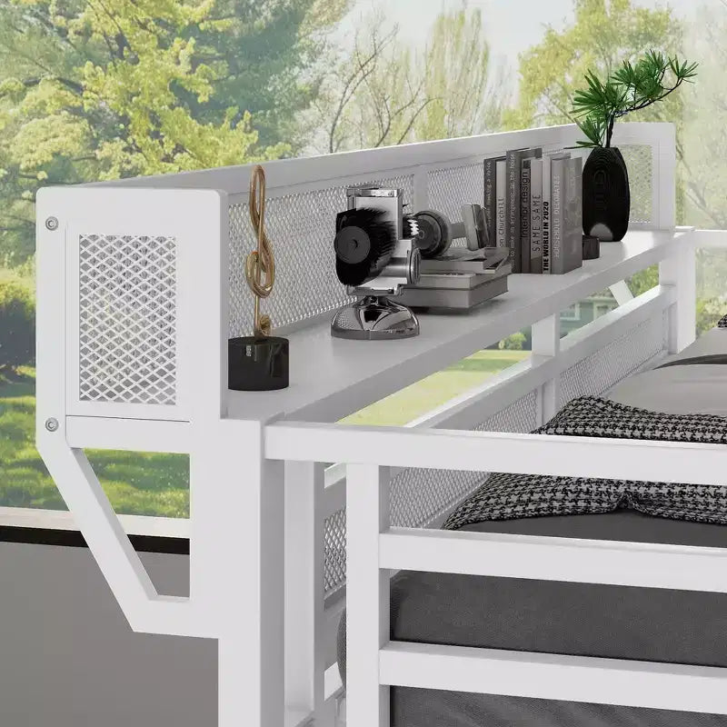 Lit mezzanine blanc double XL avec escalier, lit mezzanine double en métal avec étagères de rangement et armoire pour enfants et adolescents