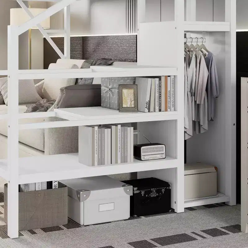Lit mezzanine blanc double XL avec escalier, lit mezzanine double en métal avec étagères de rangement et armoire pour enfants et adolescents
