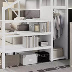 Lit mezzanine blanc double XL avec escalier, lit mezzanine double en métal avec étagères de rangement et armoire pour enfants et adolescents