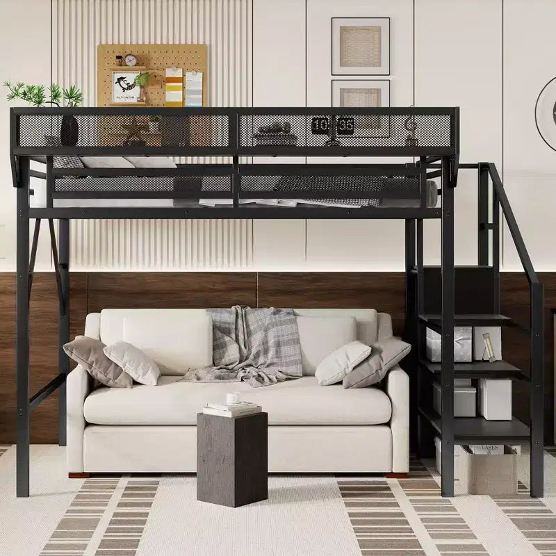 Lit mezzanine blanc double XL avec escalier, lit mezzanine double en métal avec étagères de rangement et armoire pour enfants et adolescents