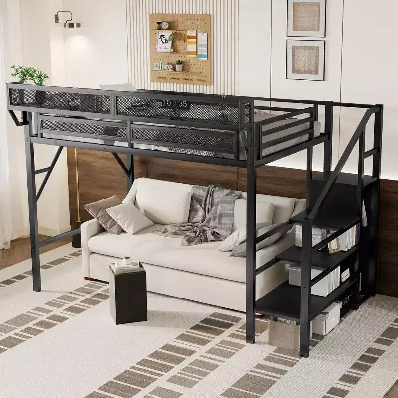 Lit mezzanine blanc double XL avec escalier, lit mezzanine double en métal avec étagères de rangement et armoire pour enfants et adolescents