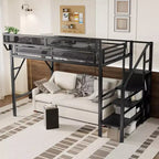 Lit mezzanine blanc double XL avec escalier, lit mezzanine double en métal avec étagères de rangement et armoire pour enfants et adolescents