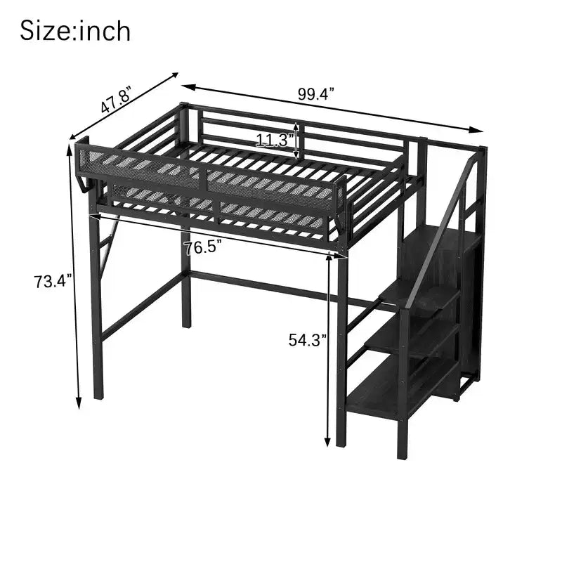 Lit mezzanine blanc double XL avec escalier, lit mezzanine double en métal avec étagères de rangement et armoire pour enfants et adolescents