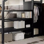 Lit mezzanine blanc double XL avec escalier, lit mezzanine double en métal avec étagères de rangement et armoire pour enfants et adolescents