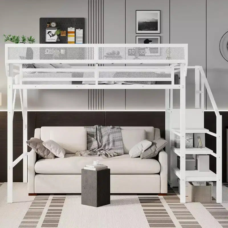 Lit mezzanine blanc double XL avec escalier, lit mezzanine double en métal avec étagères de rangement et armoire pour enfants et adolescents