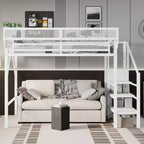 Lit mezzanine blanc double XL avec escalier, lit mezzanine double en métal avec étagères de rangement et armoire pour enfants et adolescents
