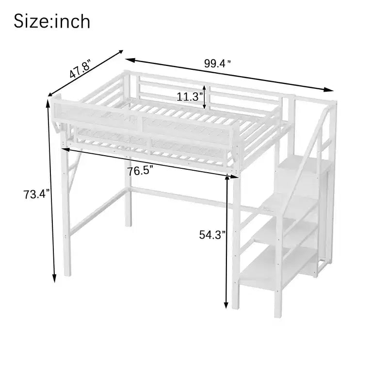 Lit mezzanine blanc double XL avec escalier, lit mezzanine double en métal avec étagères de rangement et armoire pour enfants et adolescents