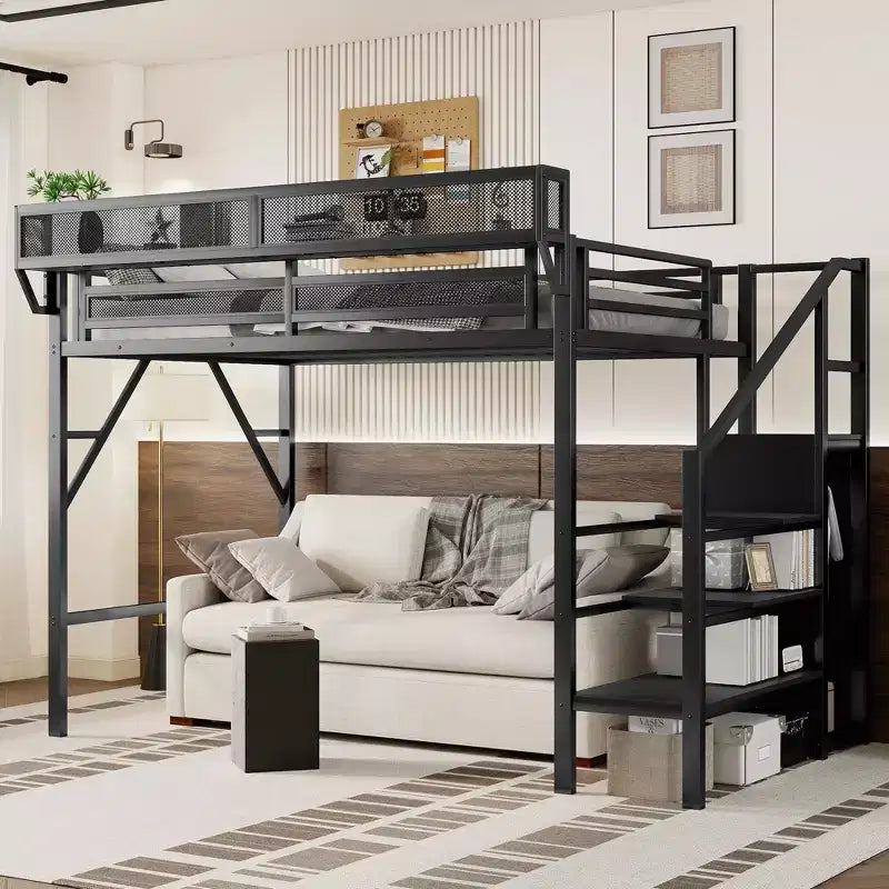 Lit mezzanine blanc double XL avec escalier, lit mezzanine double en métal avec étagères de rangement et armoire pour enfants et adolescents
